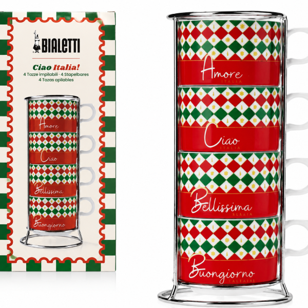 Bialetti Ciao Italia – Sada 4 Porcelánových Šálků s Kovovým Stojanem