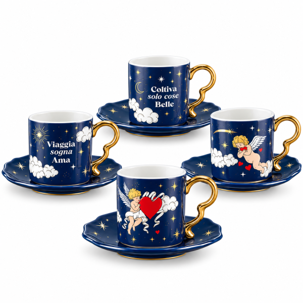 Bialetti Cielo Stellato – Sada 4 šálků s podšálky s anděly